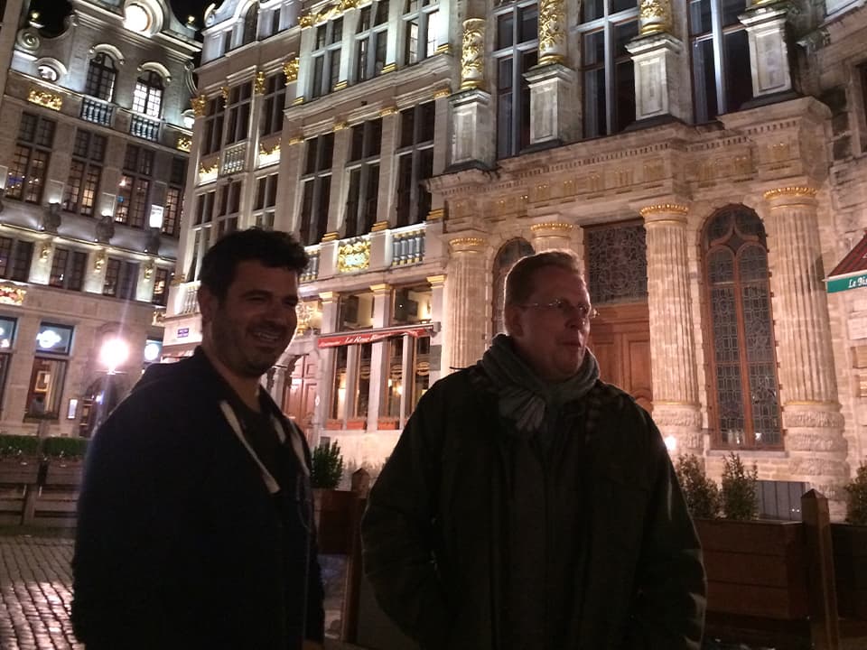 Yvan from De La Senne and Chris wandering through Brussels' Grand Place at night.