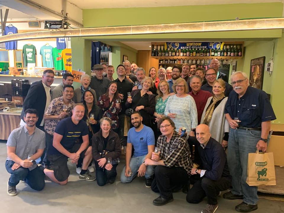 Jean and the ICBT beer trekkers pose for a group shot at Brasserie Cantillon.