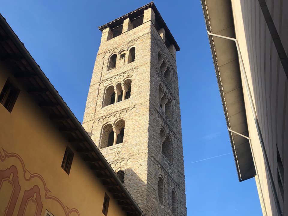The Romanesque bell tower of the Cathedral of St. Peter the Apostle.