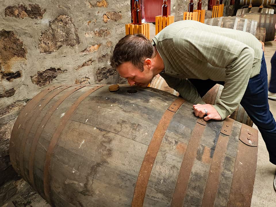 Taking in the wine aromas from the barrel used to finish one of Glen Moray's malts.